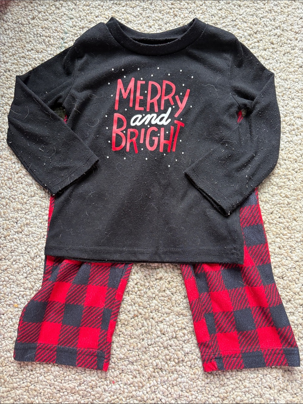 Kids Black 'Merry and Bright' Pajama Set with Red Plaid Pants